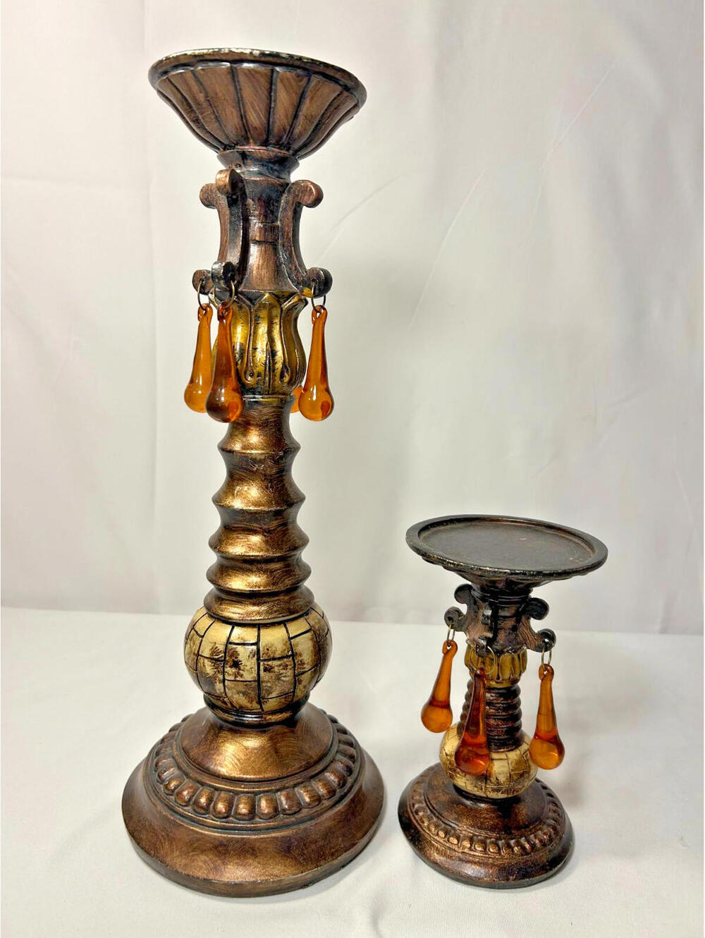 Vintage Brass Bronze Candle Holders Set of 2 Beaded Resin Pillar 11"